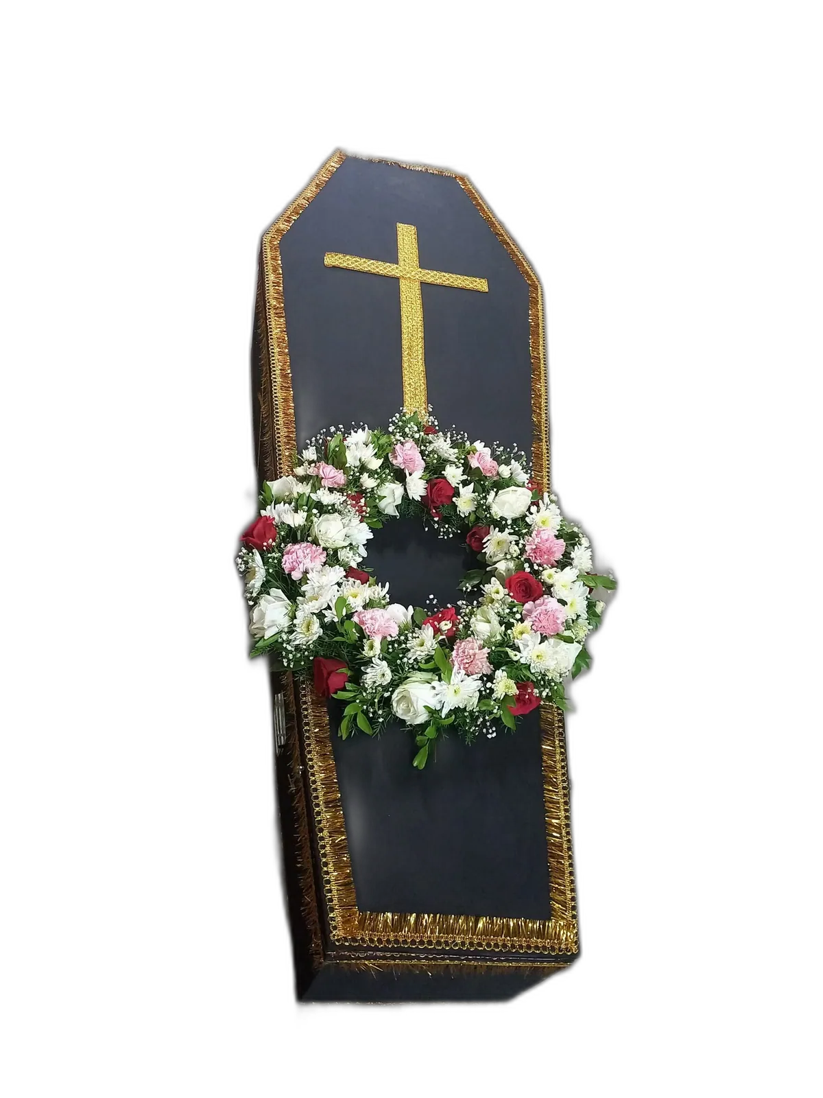 Black coffin with gold trim, cross and floral wreath, St Paul's Bangalore
