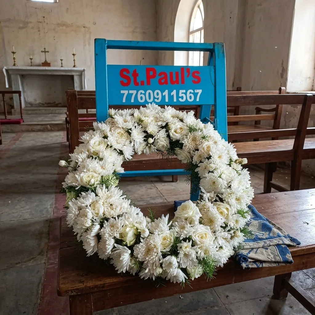 White funeral wreath prepared by St Paul's, resting in a church in Bangalore
