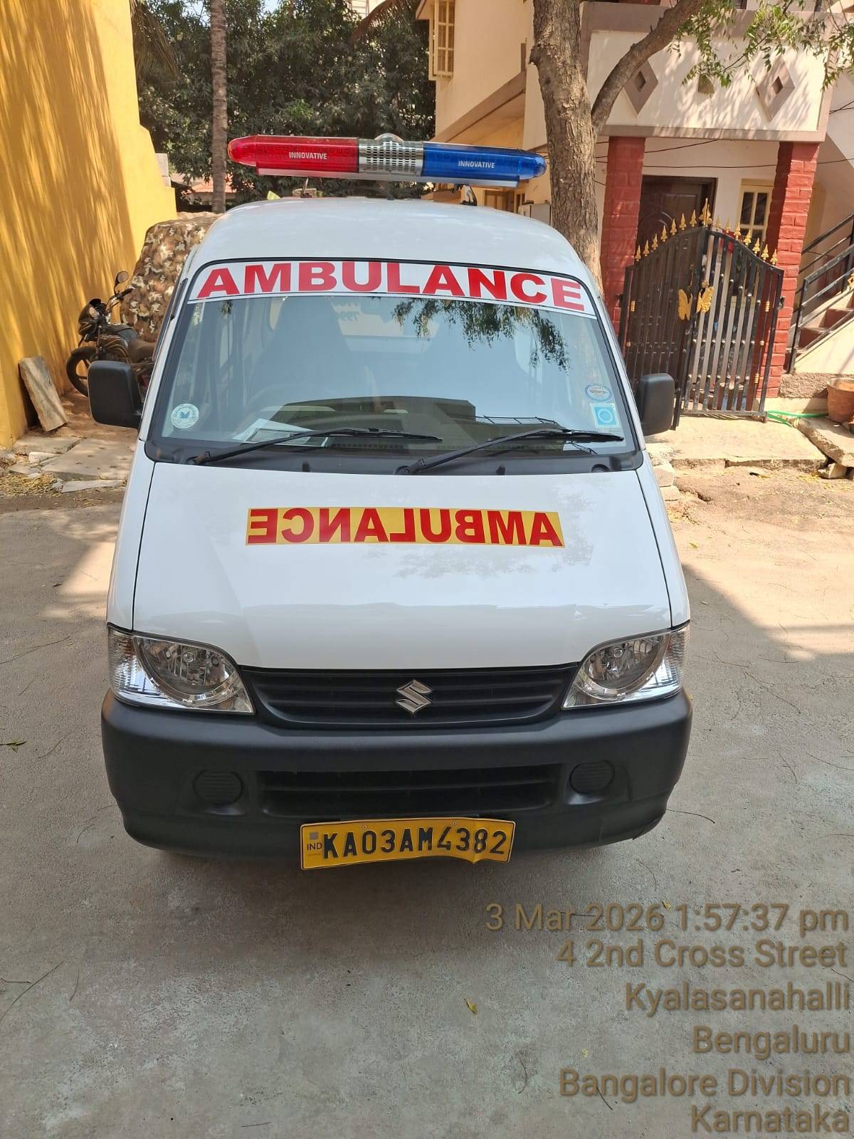 St Paul's white ambulance parked and ready, Bangalore