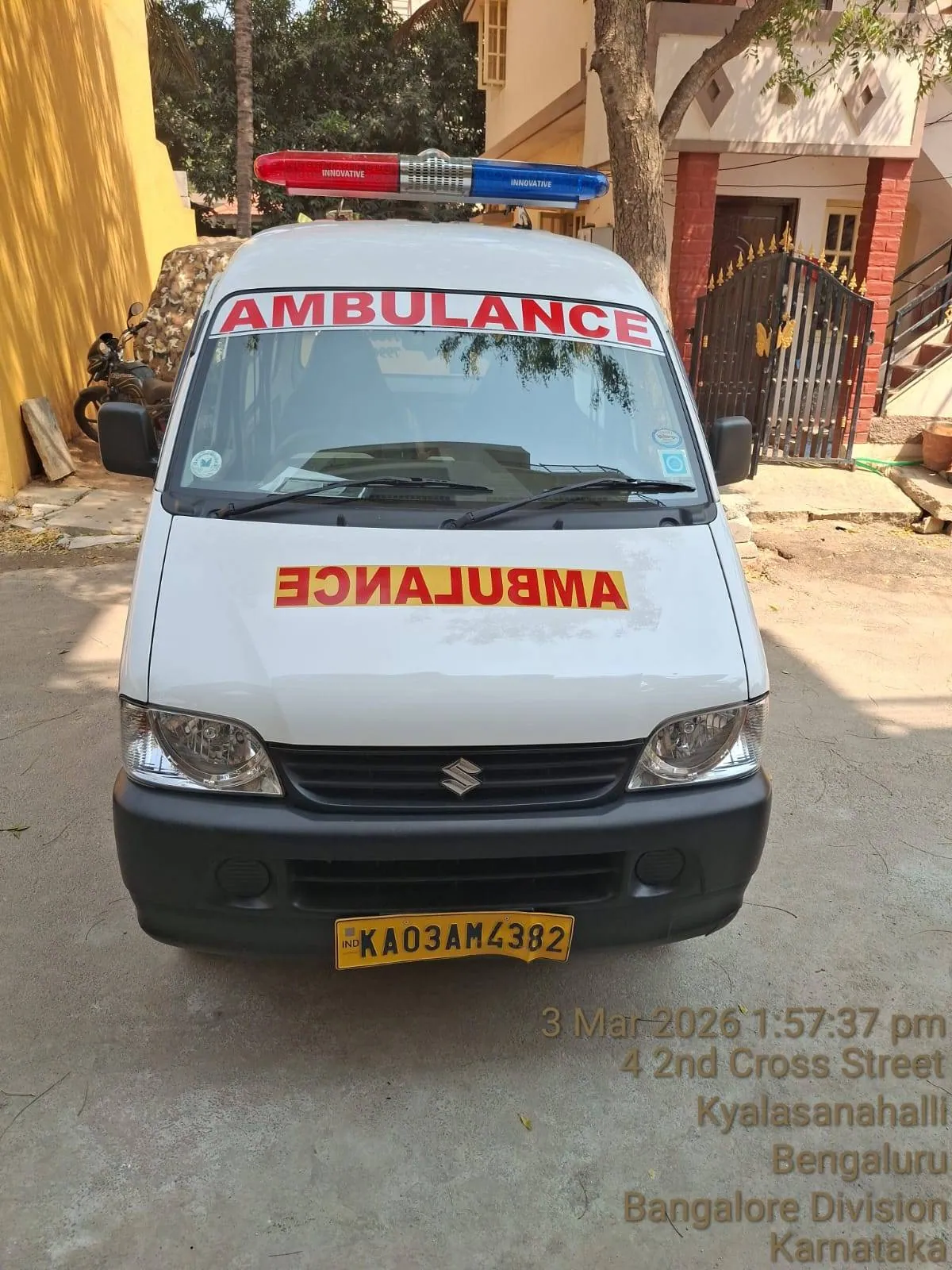 St Paul's white ambulance parked and ready, Bangalore