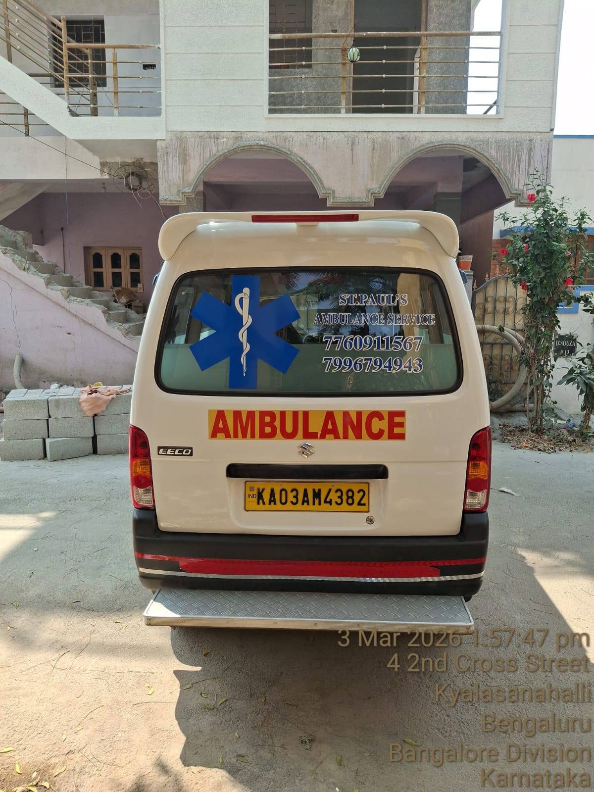 St Paul's white ambulance with branding, Bangalore