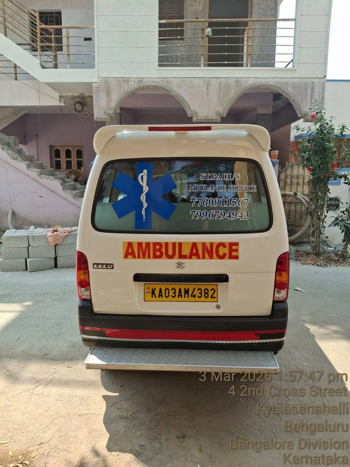 St Paul's white ambulance with branding, Bangalore